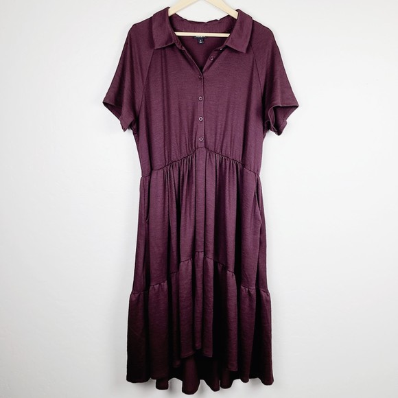 torrid Dresses & Skirts - Torrid Shirt Dress 2 Burgundy Red Stretch Waffle Knit Hi-Low Ruffle-Hem Midi